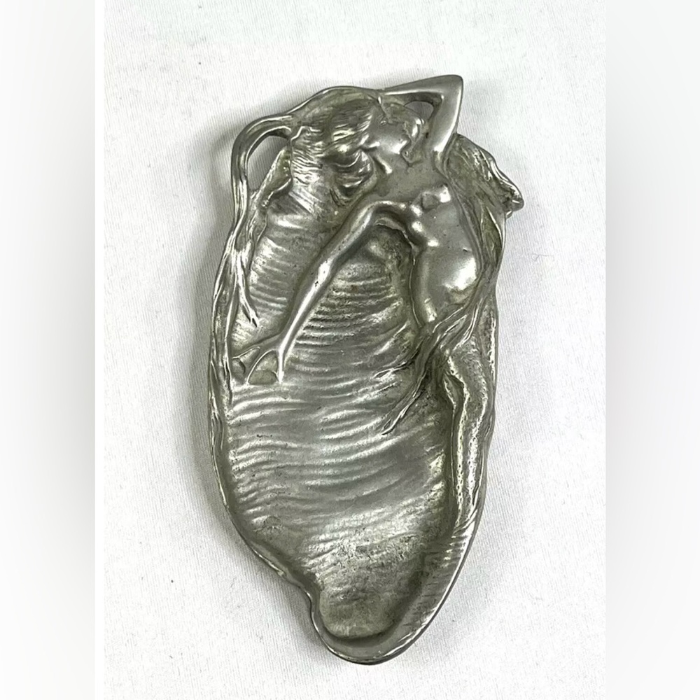 Vintage Silver Art Nouveau Nude Pewter 
Goddess / Mermaid tray